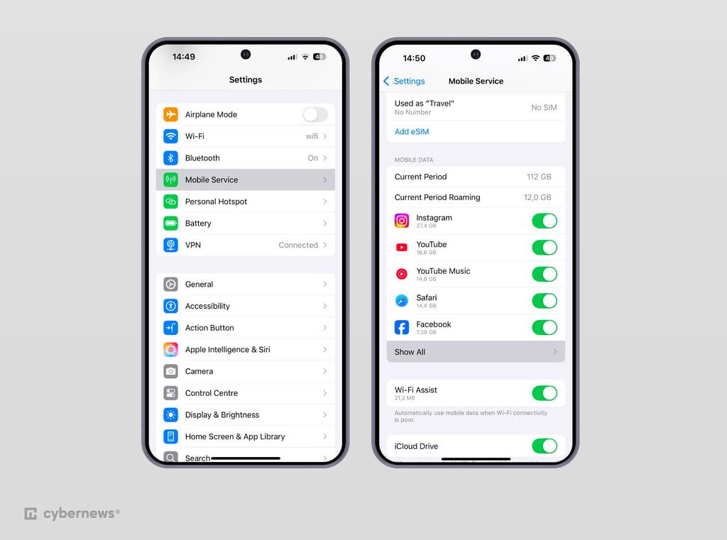 Mobile data settings on iOS