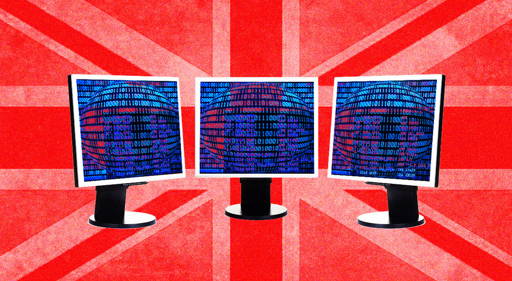 three computers, red union flag, UK, binary, coding