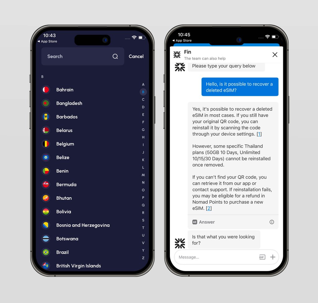 Available countries list and chat window with support team displayed on iOS