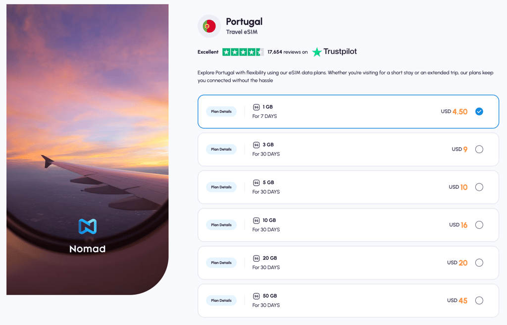 Nomad eSIM data plans for Portugal