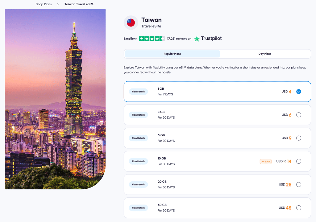 Nomad eSIM data plans for Taiwan