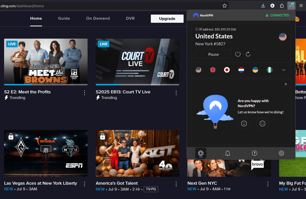 Streaming Sling TV on Firefox while connected to the US server in the NordVPN extension