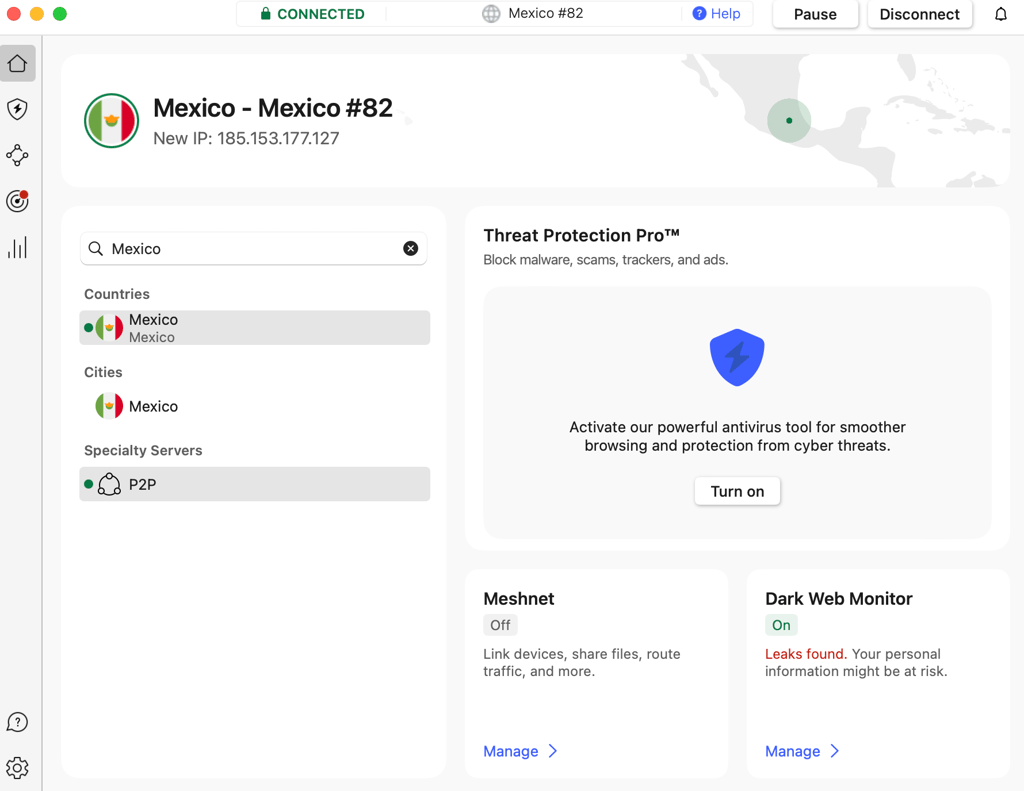 NordVPN app connected to Mexico server-new