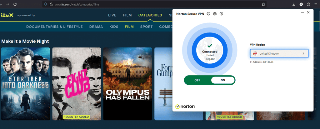 Norton VPN app unblocks ITVX when connected to a server in the UK