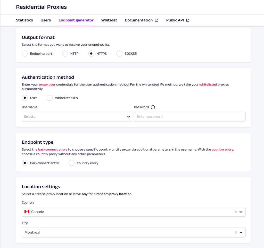 Oxylabs Residential Proxies settings dashboard