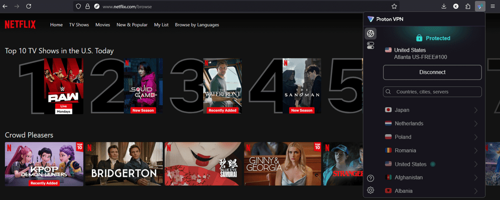 Streaming Netflix while connected to the US server in the Proton VPN Firefox browser extension