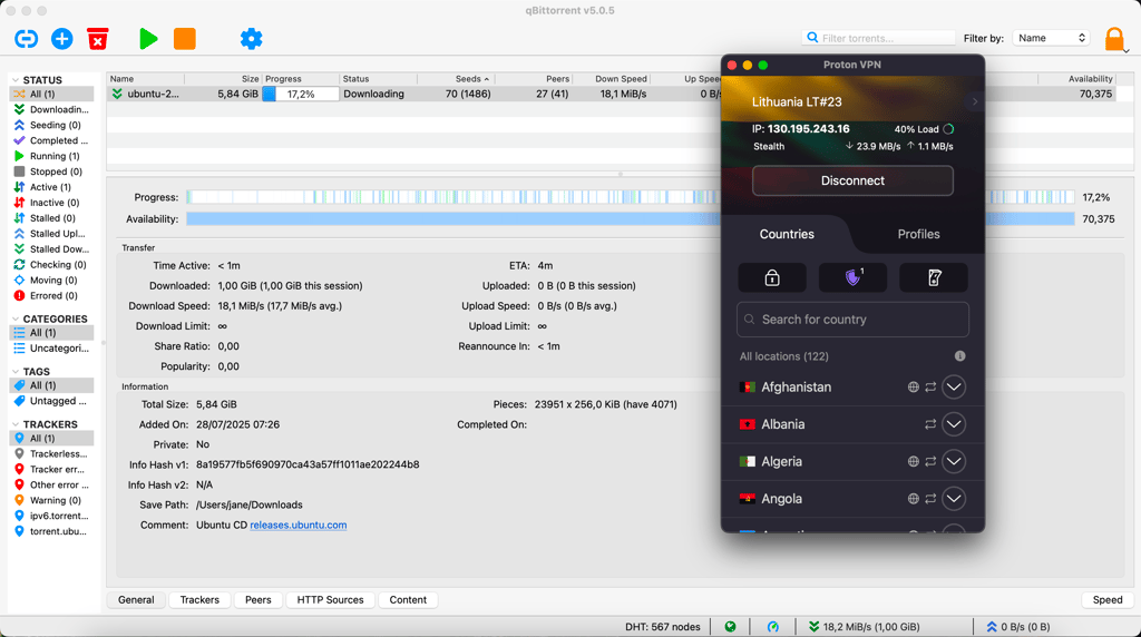 Proton VPN used while downloading Ubuntu with a torrenting client