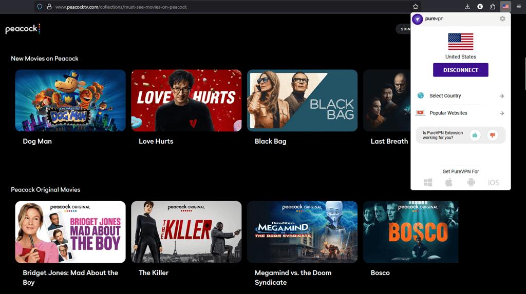 Streaming Peacock on Firefox with the PureVPN browser extension connected to the US