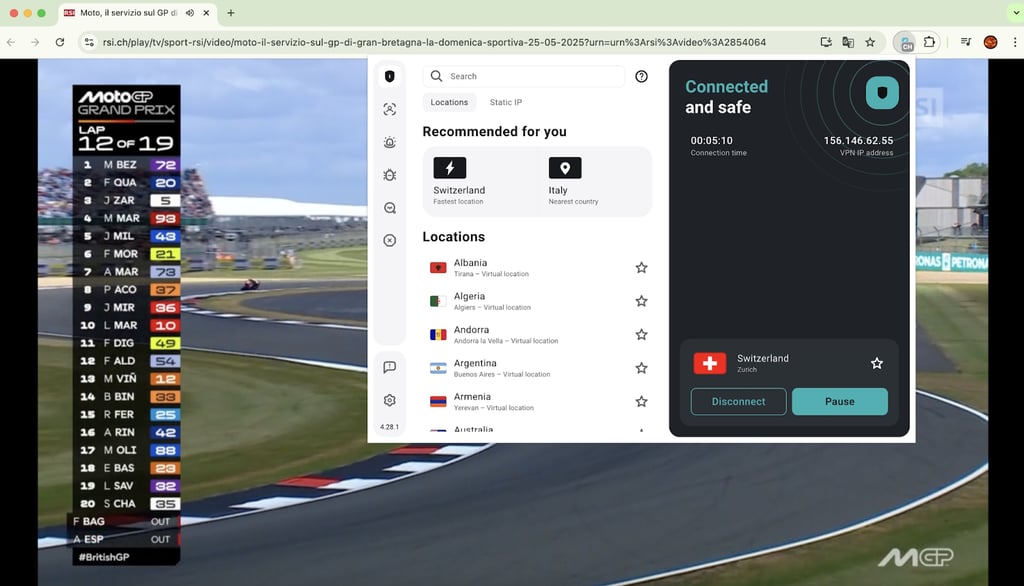 rsi motogp streaming with surfshark ch server