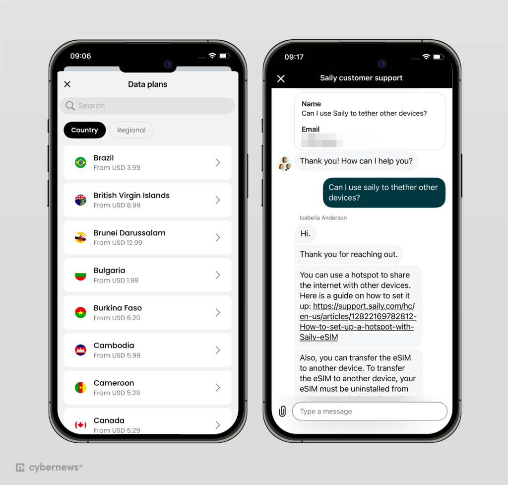 Available country list and chat with support agent displayed on iOS device