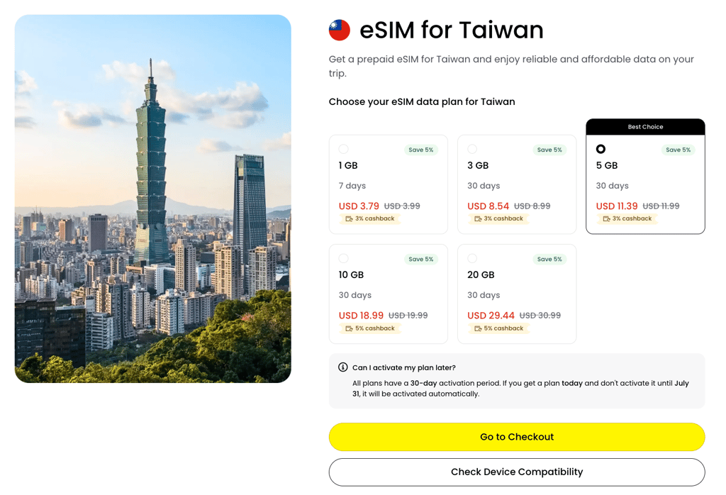 saily esim plans for taiwan