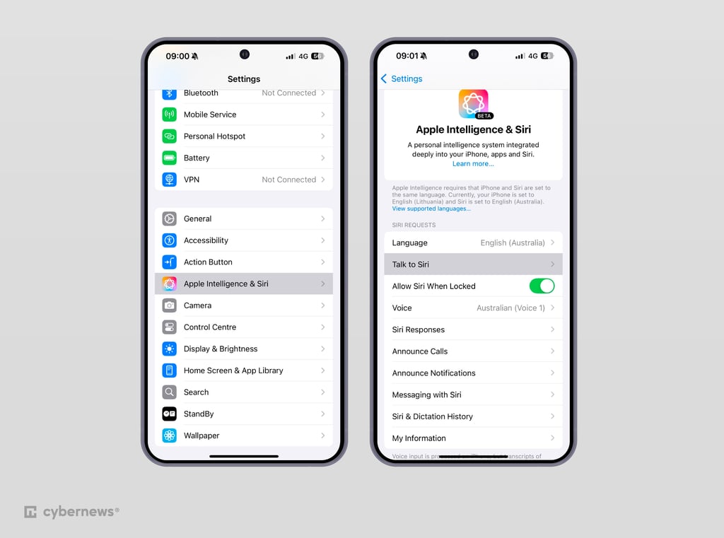 Siri settings on iOS