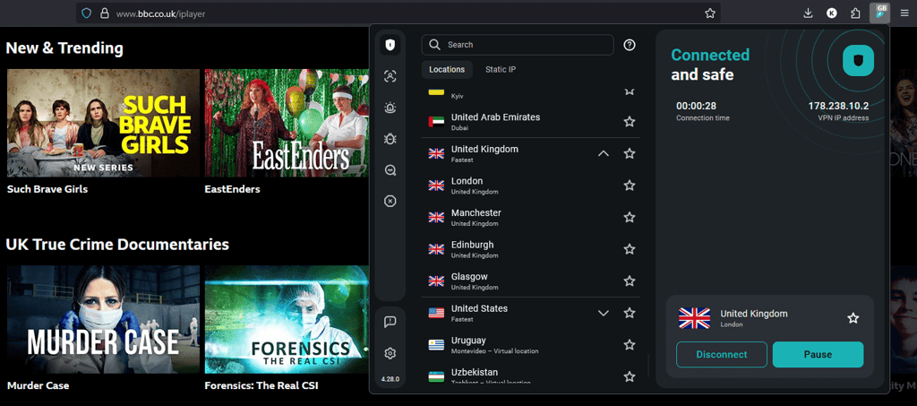Surfshark Firefox extension connected to the UK server unblocks BBC iPlayer