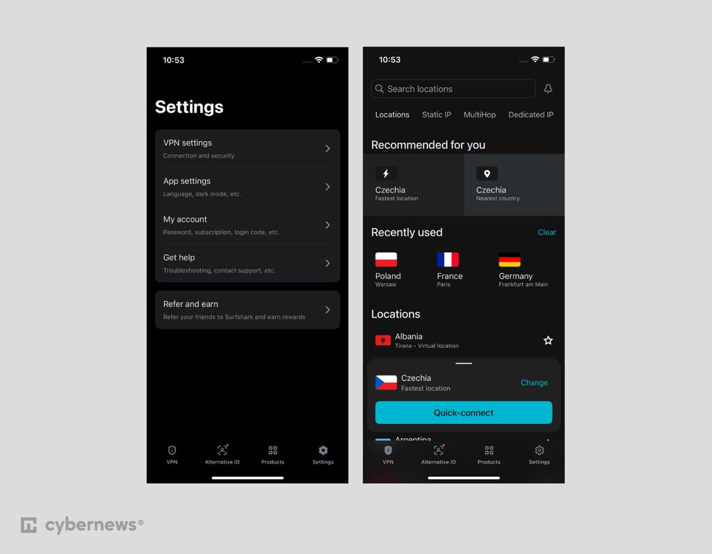 Surfshark mobile app interface