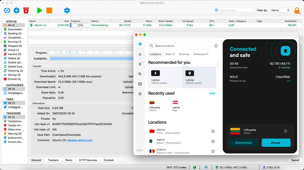Downloading Ubuntu via a torrenting client with Surfshark enabled