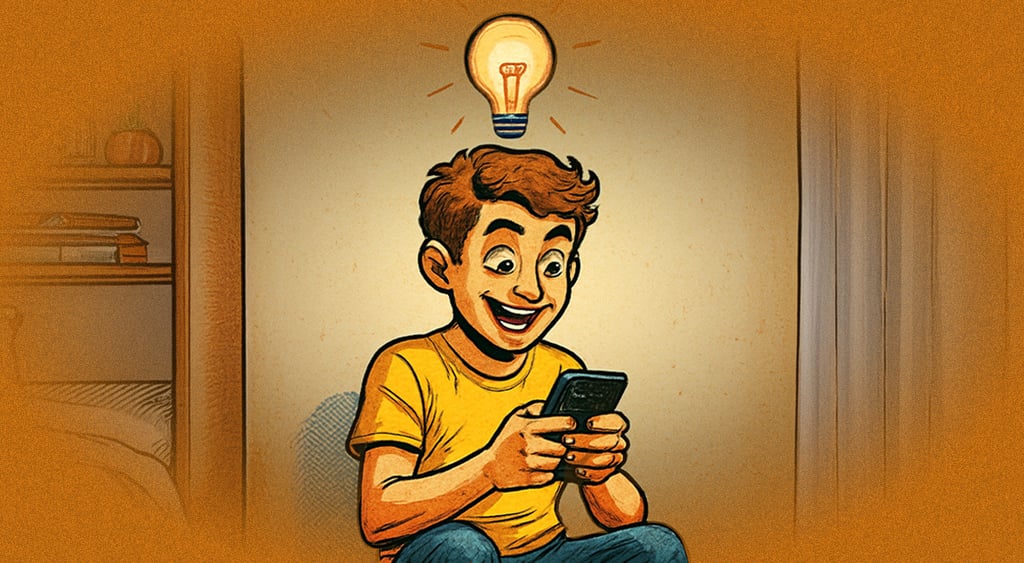 Animated teenager smiling at a mobile phone; good idea