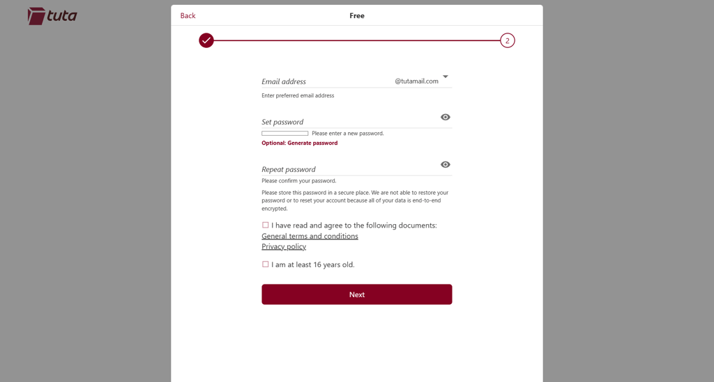 tuta create account