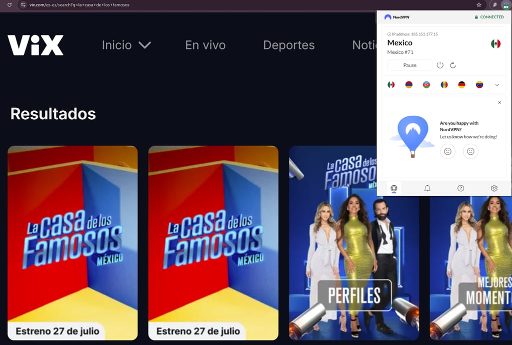 vix streaming la Casa de los Famosos with nordvpn