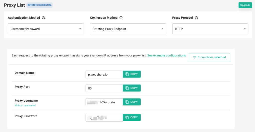 Webshare Proxy List dashboard