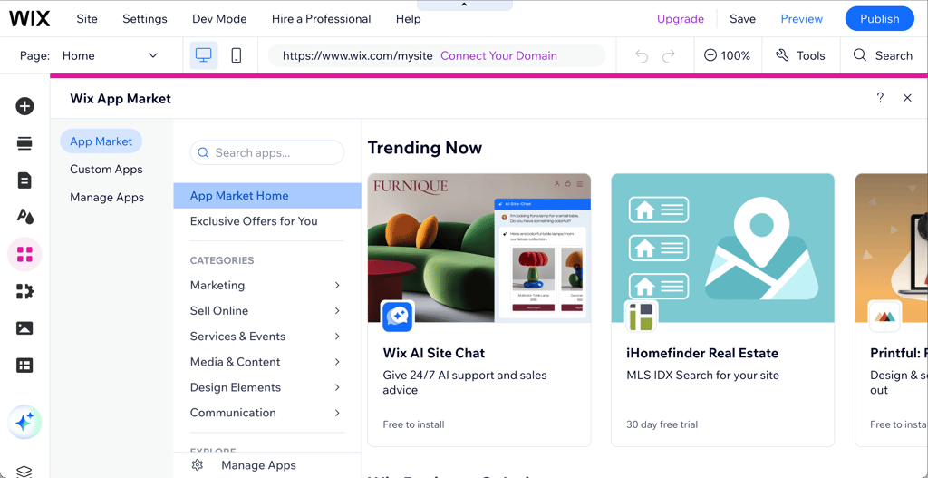 Wix App Market Trending Now tab