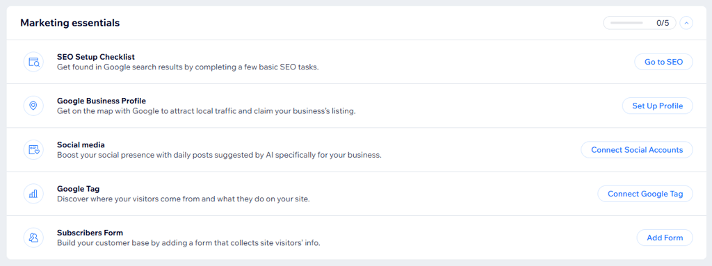 Wix marketing suite selection