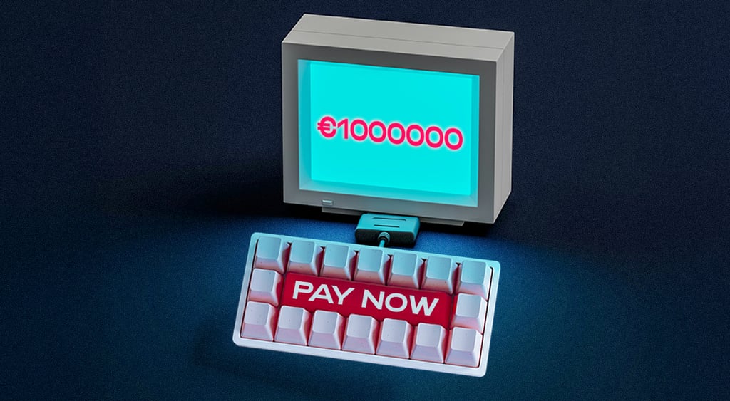 old computer, blue screen, red sign of million dollars, white keyboard