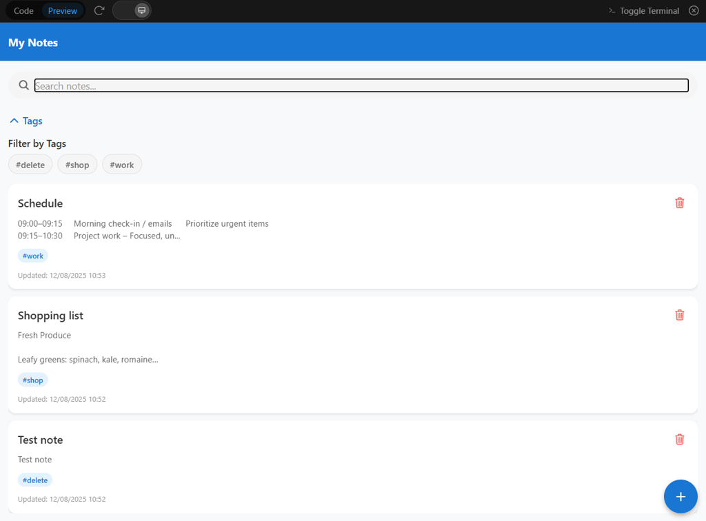 With Appy Pie, I created a simple app for note taking