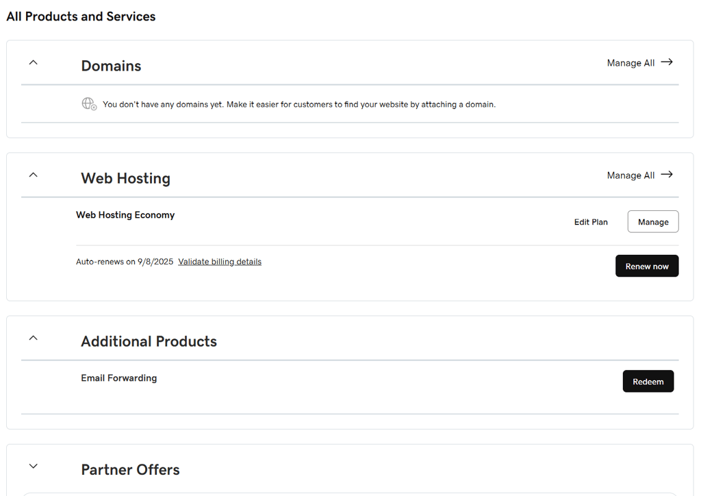 GoDaddy’s hosting dashboard