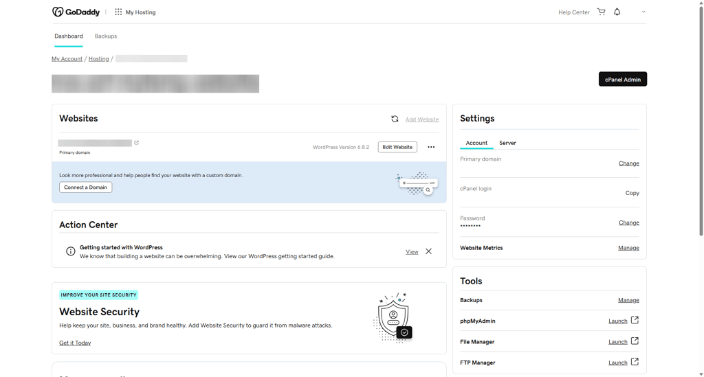 GoDaddy’s main dashboard