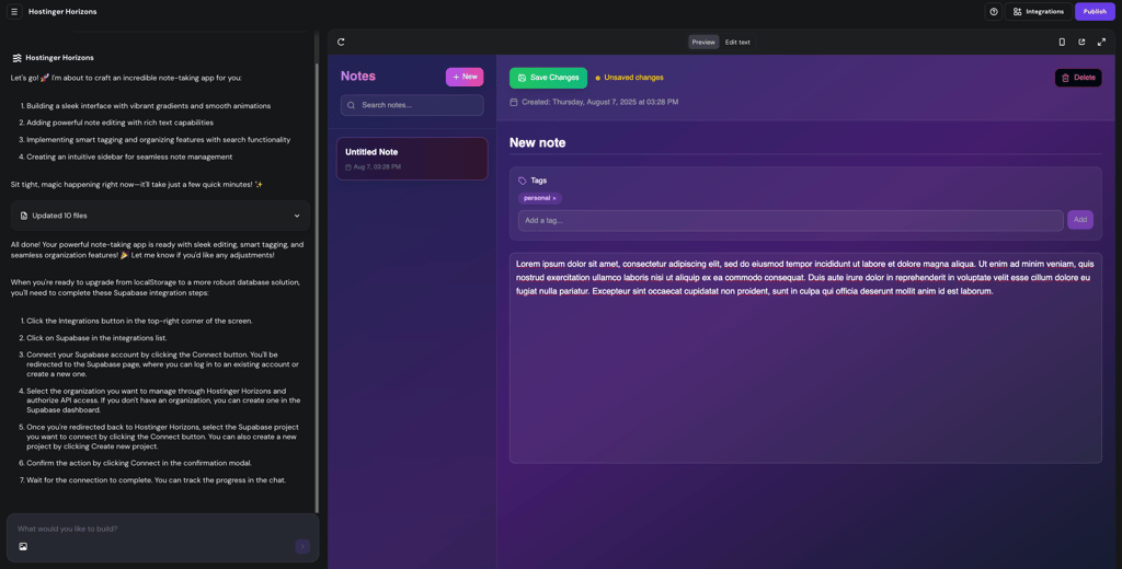 Creating a fully functional note-taking app with Hostinger Horizons