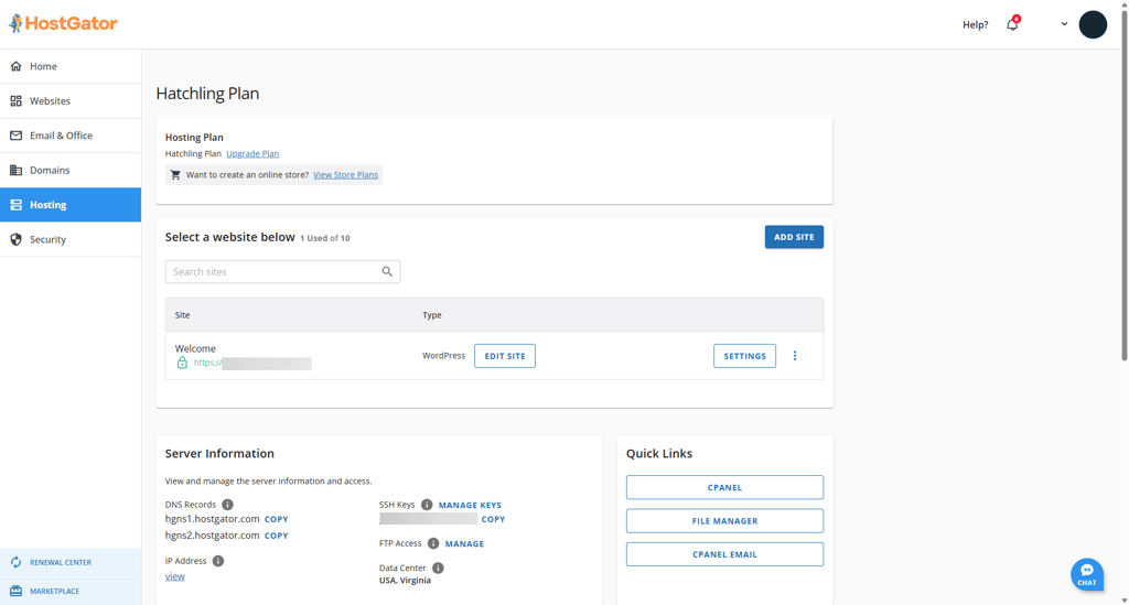 HostGator’s main dashboard