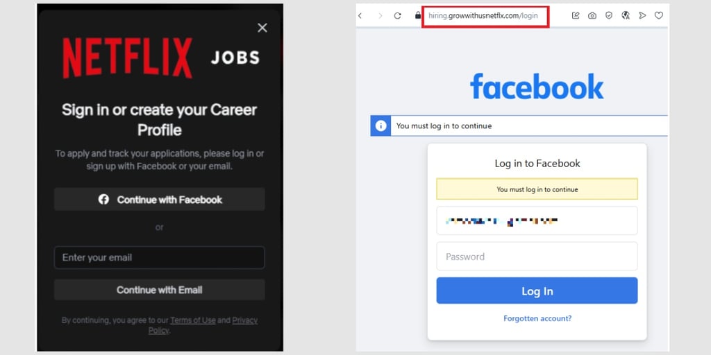 Netflix job scam phishing campaign Facebook login