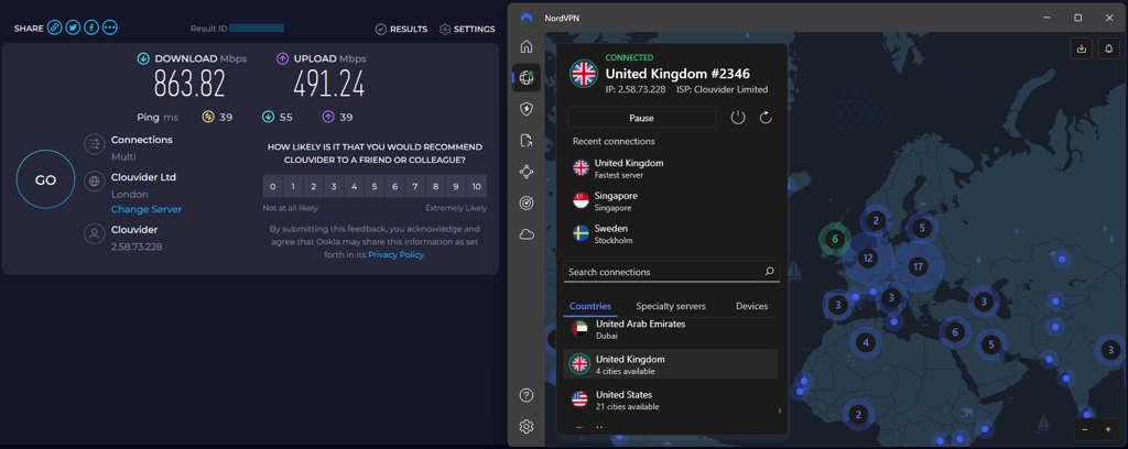 NordVPN speed results connected to the UK server