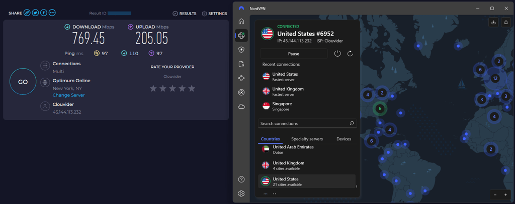 NordVPN speed results connected to the US server