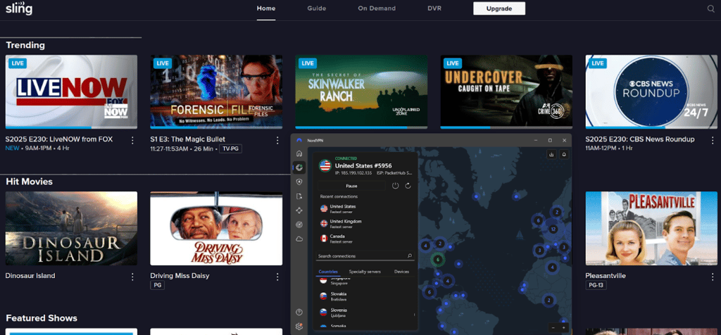 Streaming Sling TV with NordVPN connected to a US server