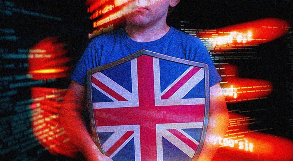 white kid, blue t-shit, shield with Uk's flag, yellow numbers in black background