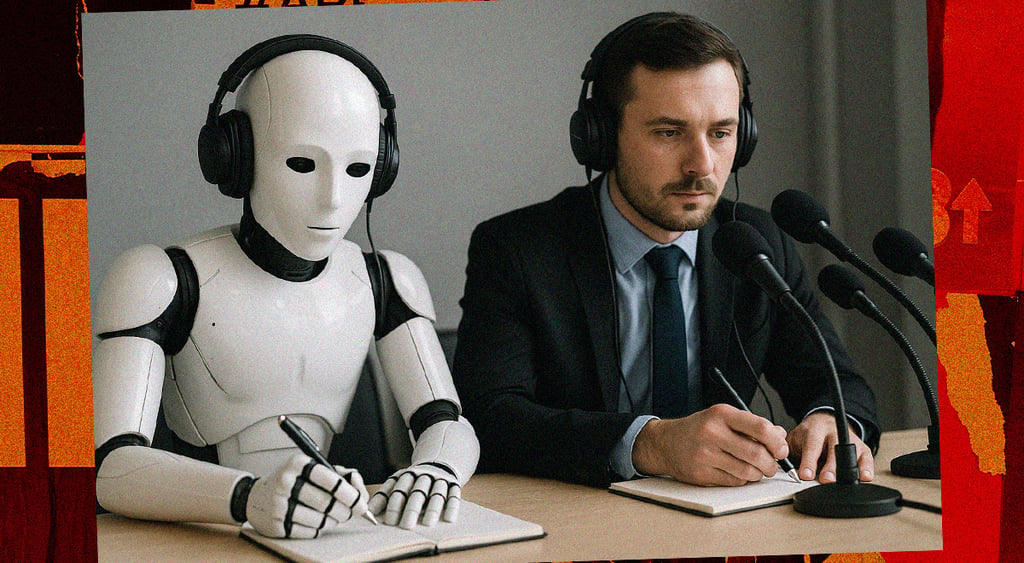 white ai bot, man in black suit, 4 microphones, black headphones, notebooks