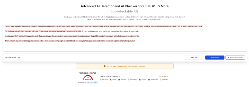 AI Detector recognizing AI-written content