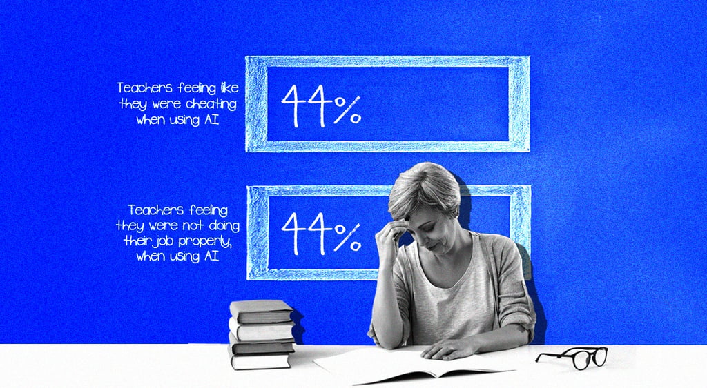 sad teacher in black and white, glasses, books, chart,