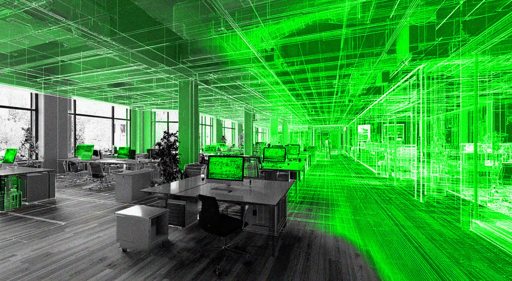 black ad white offfice, green lasers, windows, green computer screens, plant