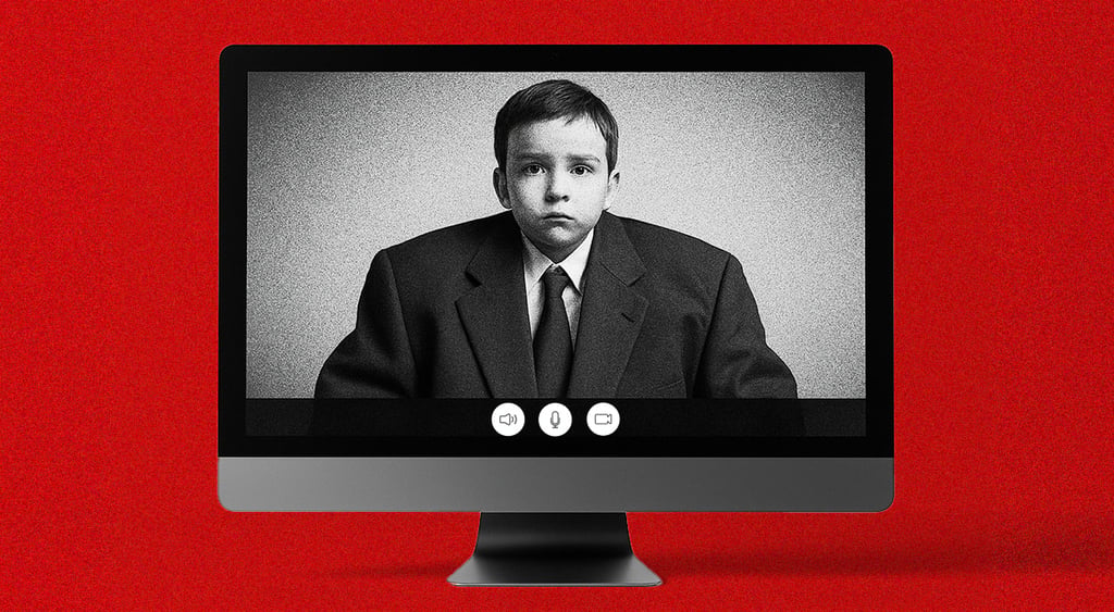 make kid face,  a suit that's too big, black and white, Apple screen, red background