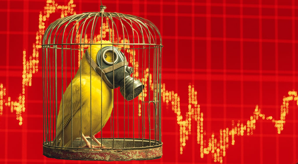 yellow canary in golden cage, gas mask, red background with yellow numbers