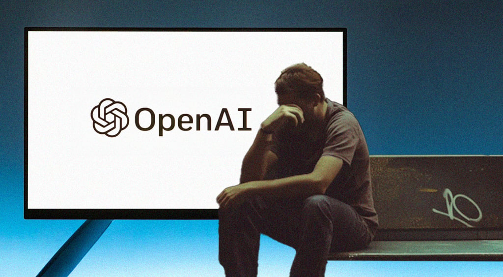 openAI logo, sad man, mental distress, brown bench, white screen