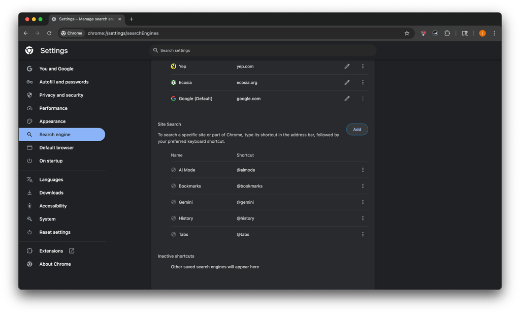 Tap Add next to Site search