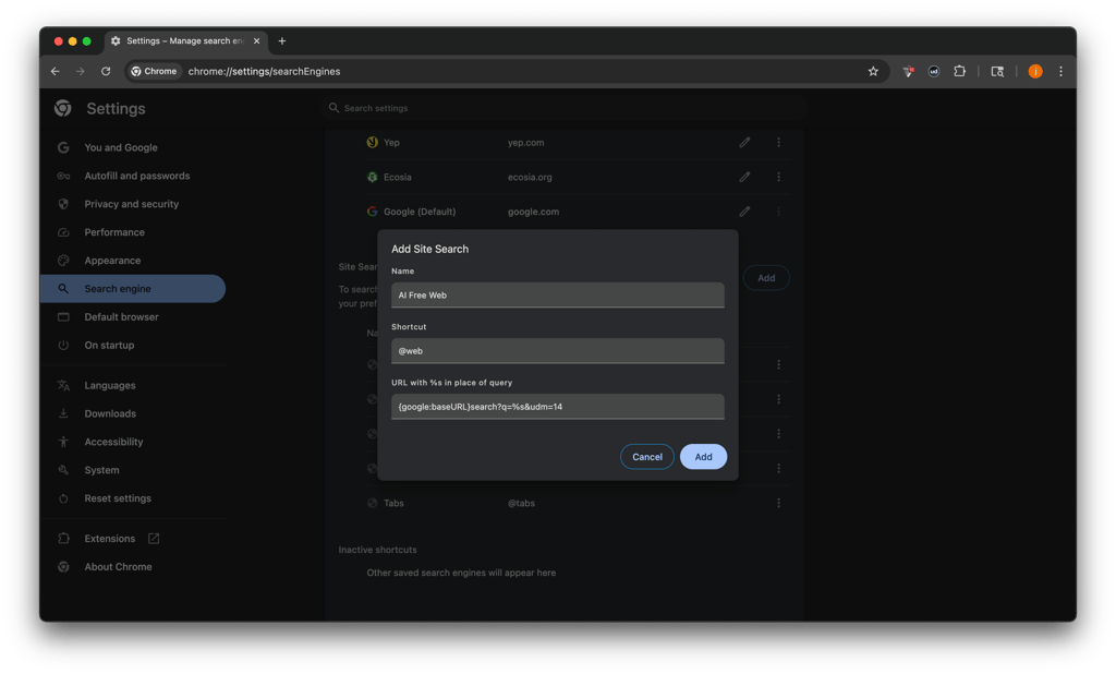 Search engine settings