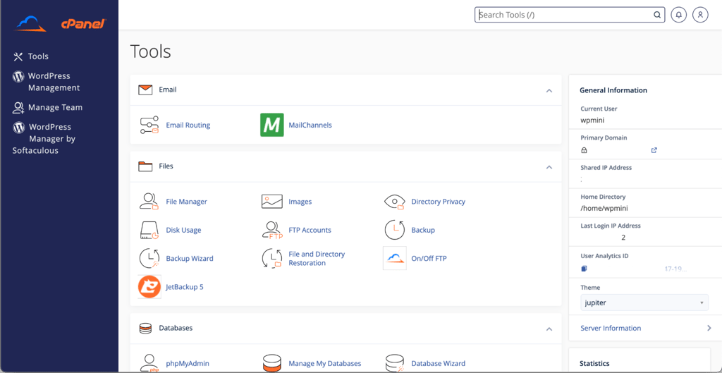 CLDY's cPanel view