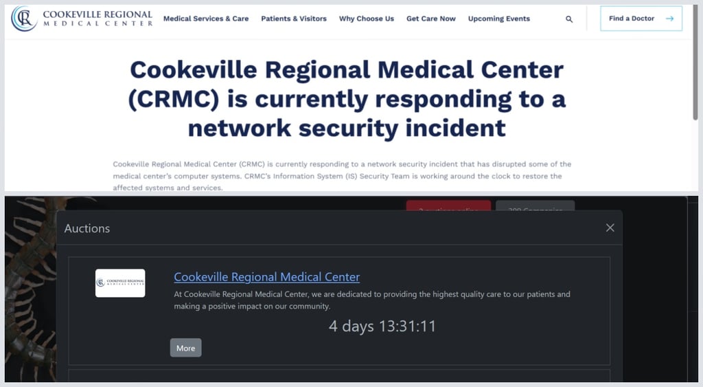 Cookeville Regional Medical Center website - Rhysida victim leak site