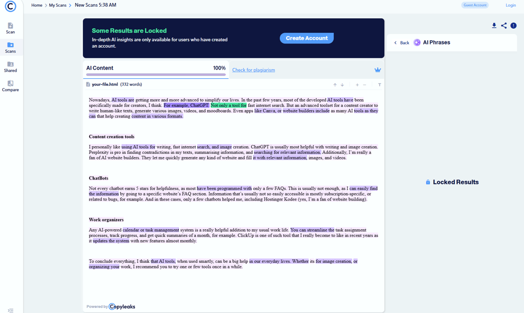 Copyleaks ai detector interface