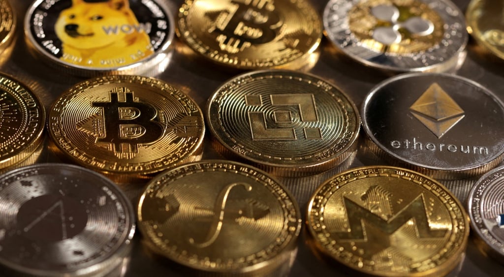 various cryptocurrency coins up close
