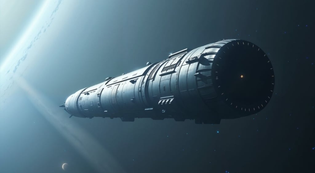 crystalis an grey spaceship in light blue and grey sky, light beam and galaxy